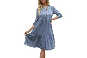 happlan Women's Denim Dress Knee-Length with O-Neck and Solid Color – Stylish and Versatile for Casual Events and Outings