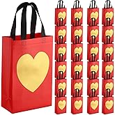 Bokon 24 Pack Valentine's Day Gift Bags Reusable Heart Gift Bags with Handles 8 x 12 x 4 Inch Woven Grocery Shopping for Wedding Birthdays Bridal Showers Engagements Anniversaries(Red)