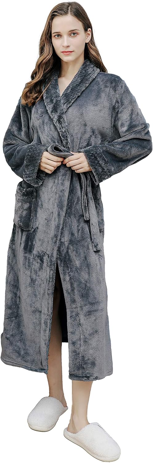 TDEOK Damen Morgenmantel Aus Fleece - Langer Hausmantel Mit Kapuze Und Taschen