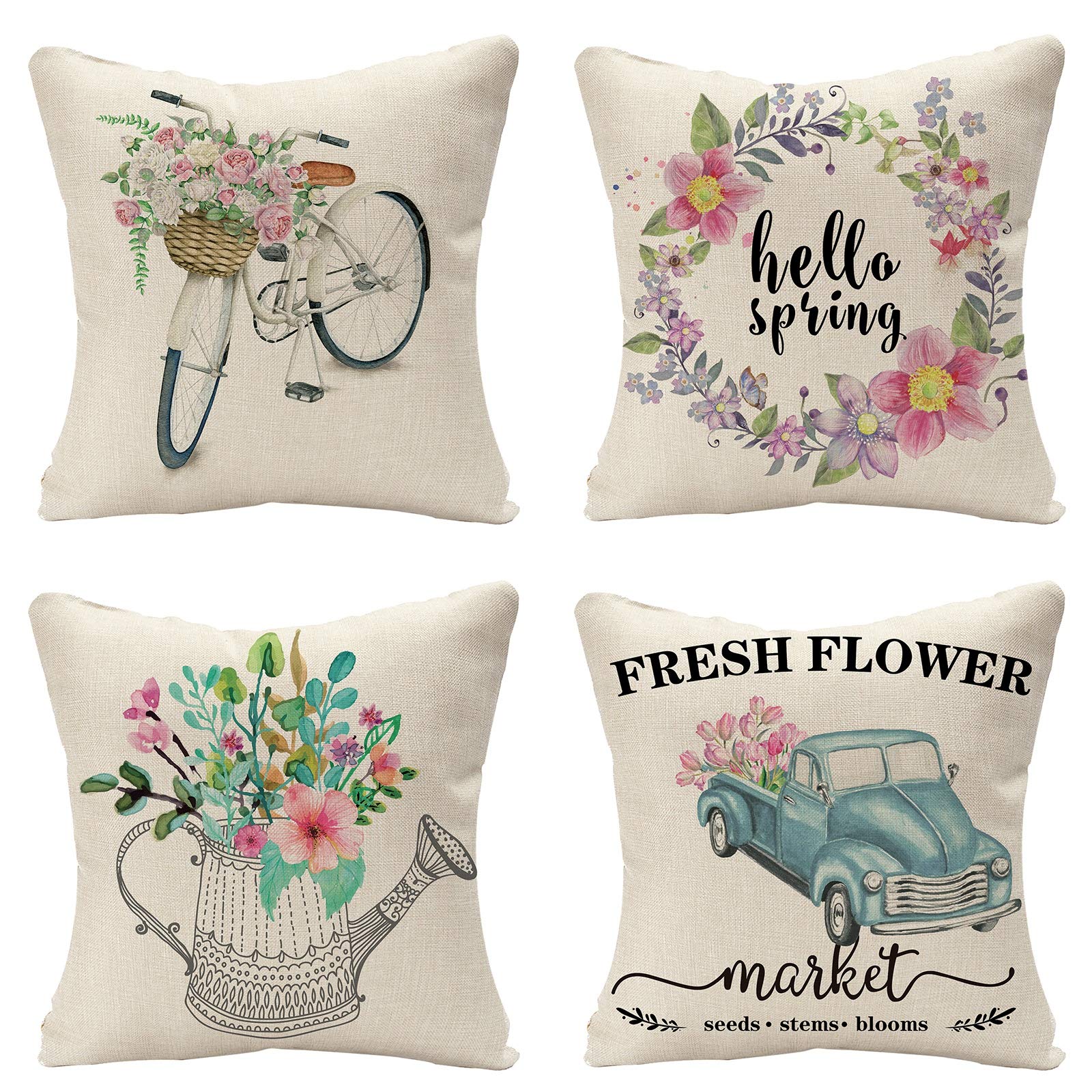 Photo 1 of Tosewever Set of 4 Decorative Hello Spring 20 x 20 Inches Throw Pillow Covers - Bicycle Car Linen Square Pillow Cushion Case for Sofa Couch Bed Home Outdoor Car (20" x 20", Spring/Flower)