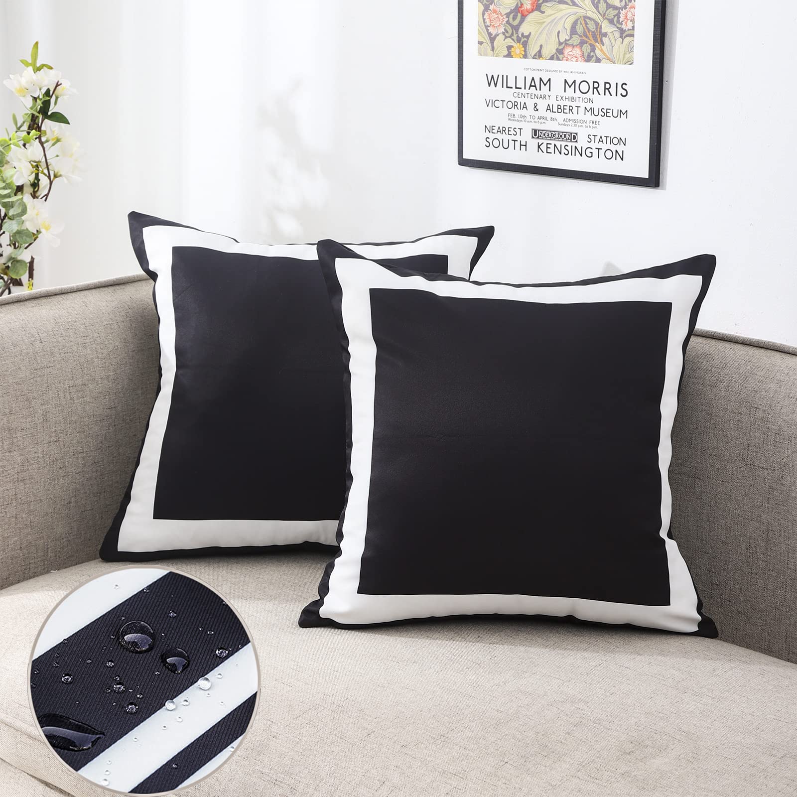 Photo 1 of JOJOGOGO Black Outdoor Pillow Covers Waterproof 16x16 Set of 2 Black and White Square Decorative Outdoor Throw Pillows for Porch Garden and Patio Furniture