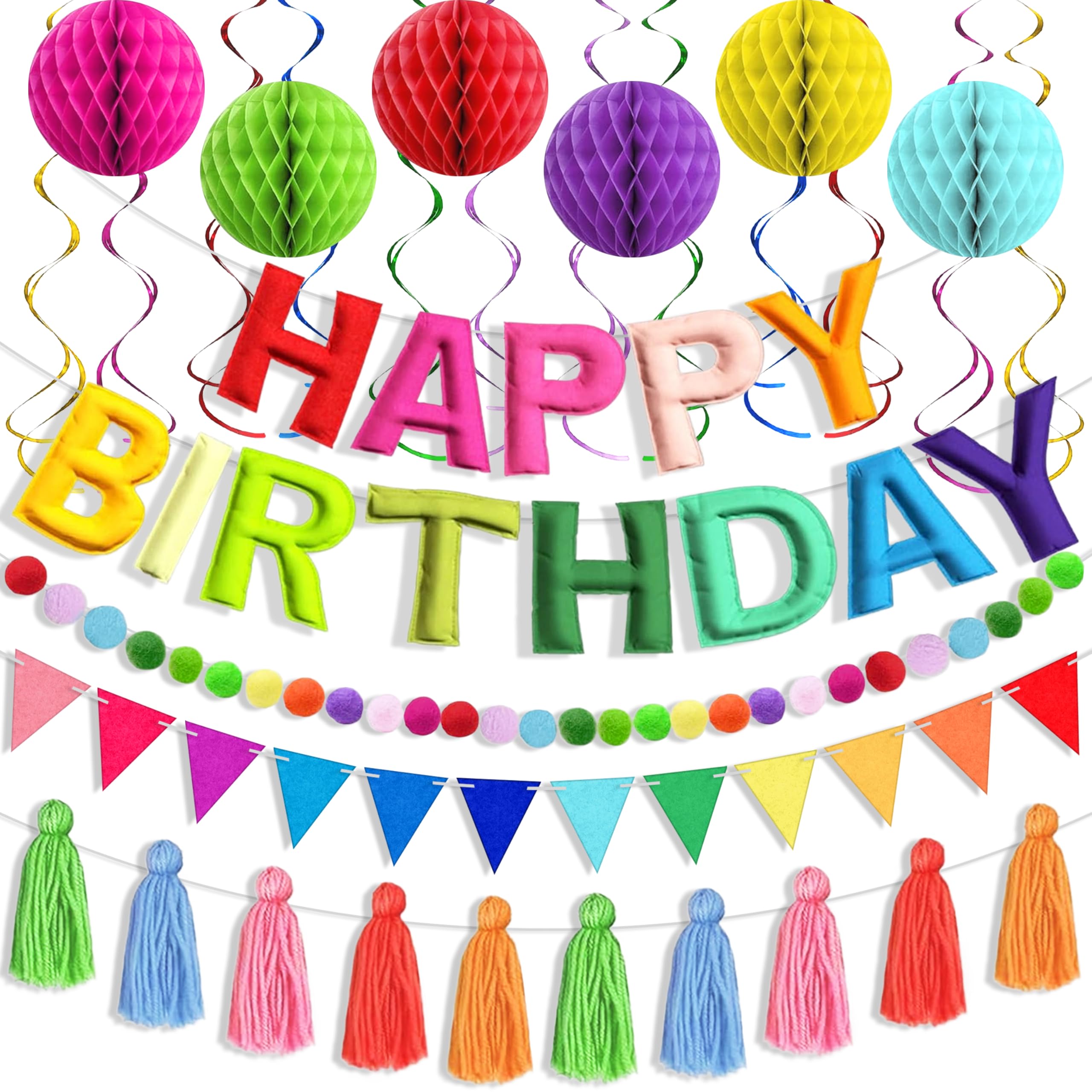 Photo 1 of ***The Happy Birthday banner is missing***Happy Birthday Banner Decoration Set - Includes Colorful Rainbow Felt Happy Birthday Sign, 3 Garlands, Hanging Spirals, Honeycomb Paper Balls for Baby Shower Party Decor and Kids Celebration***The Happy Birthday b