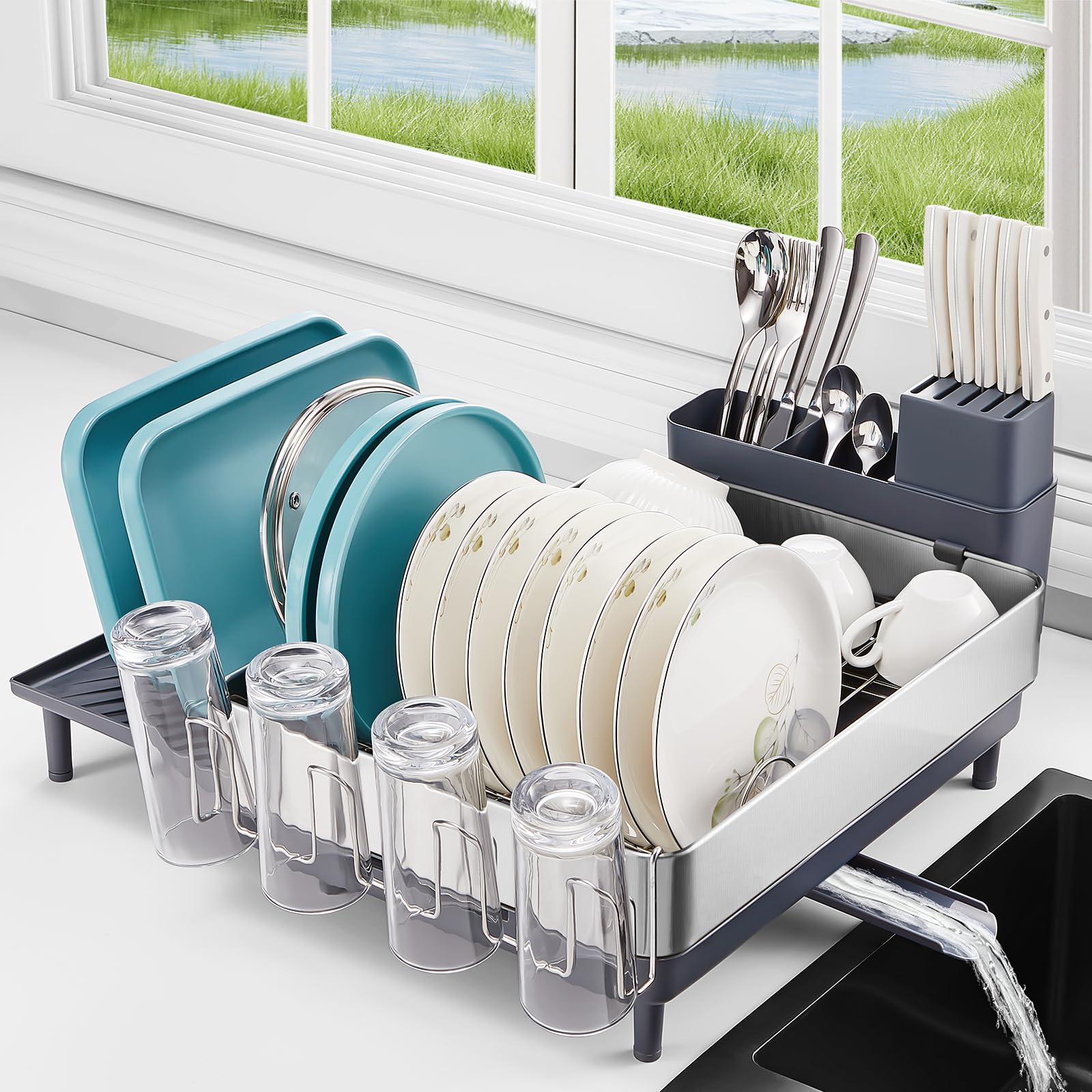 Photo 1 of FOHERE Large Dish Drying Rack, Expandable Dish Rack, Stainless Steel Dish Rack for Kitchen Counter, Anti-Rust Dish Drainer with Cutlery & Cup Holders for Dishes, Knives, Spoons and Forks, Grey