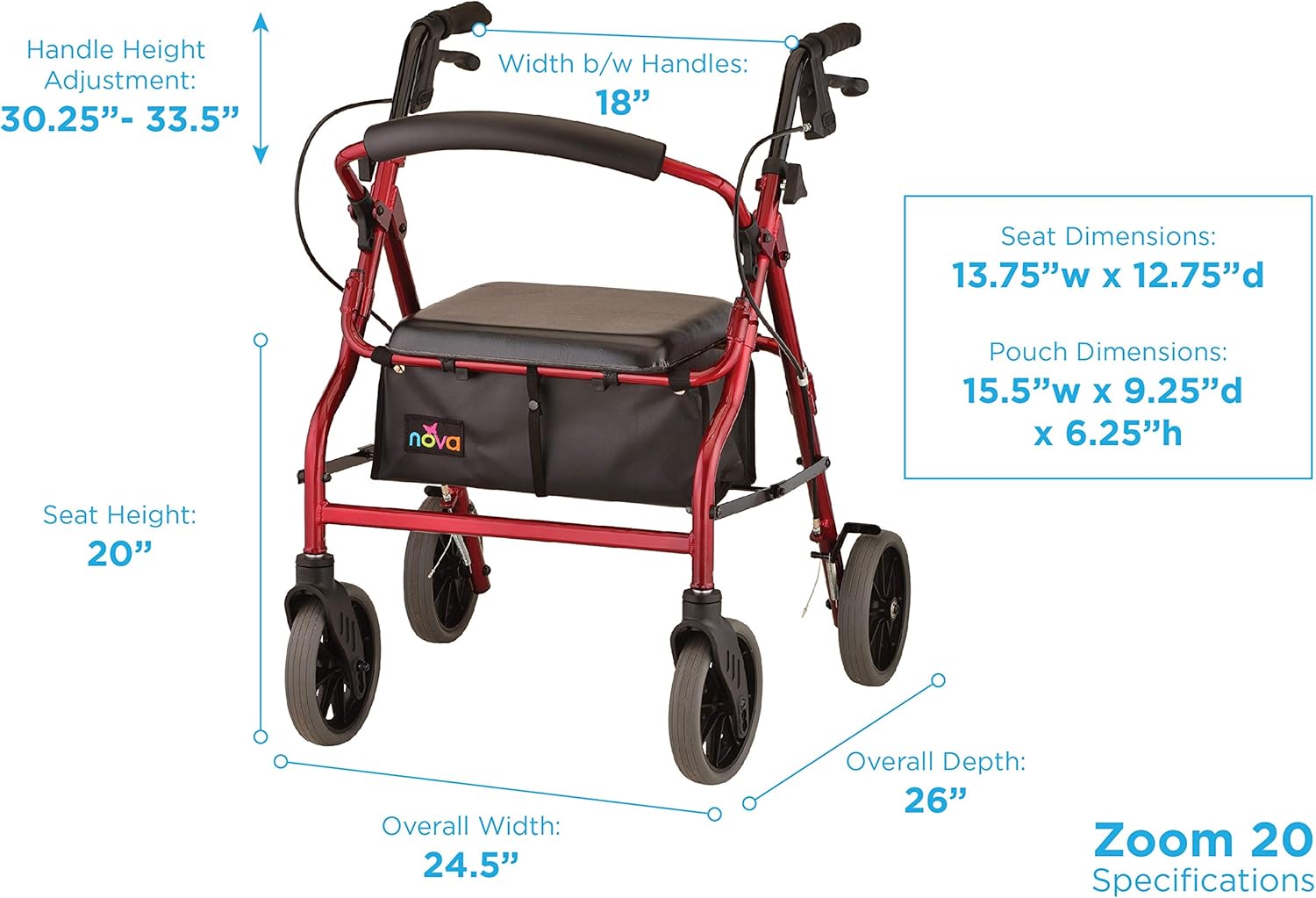 NOVA Zoom Rollator Walker with 20” Seat Height, Red: Health & Personal Care