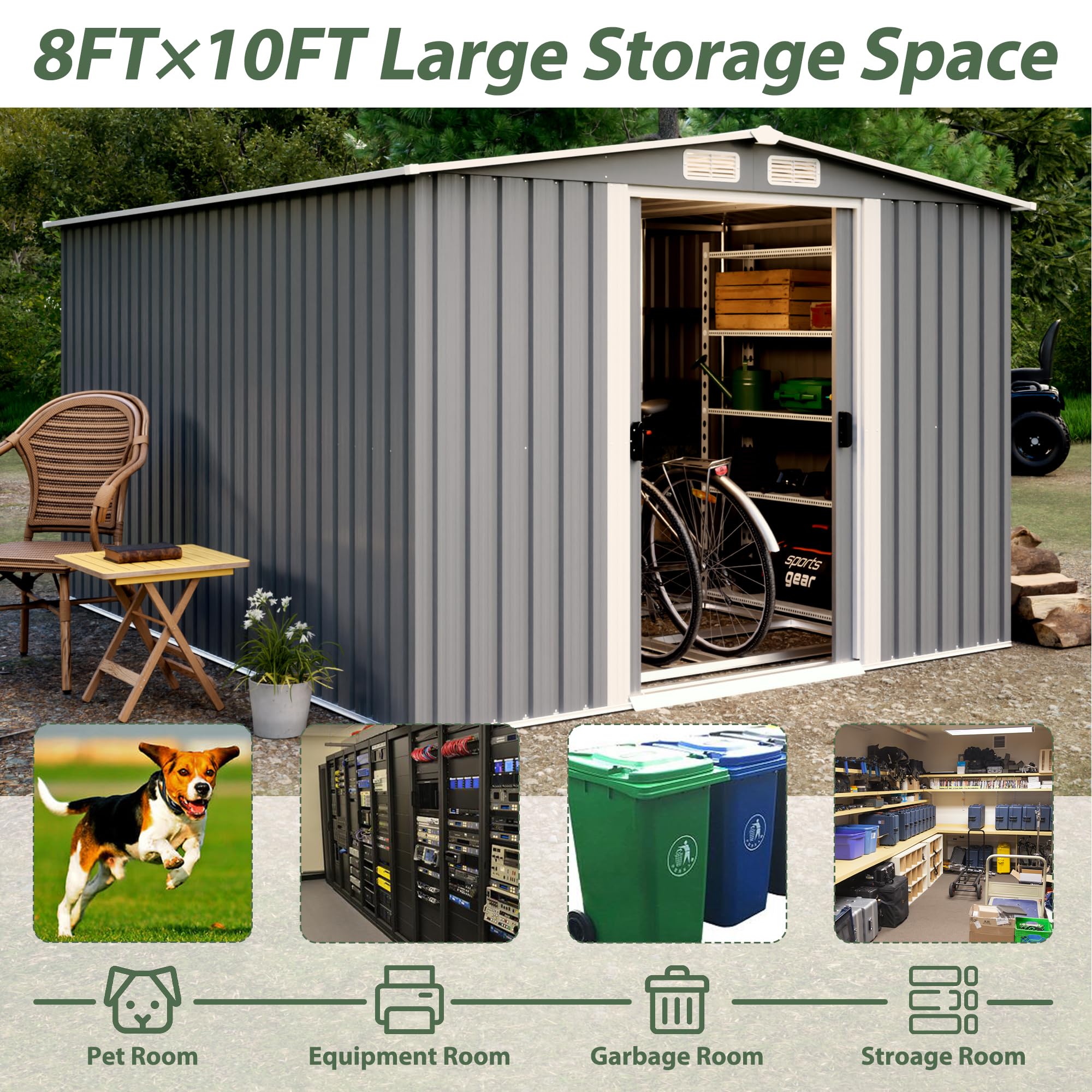 Garden Shed 10x8 FT Metal Outdoor Storage Shed With Floor Foundation ...