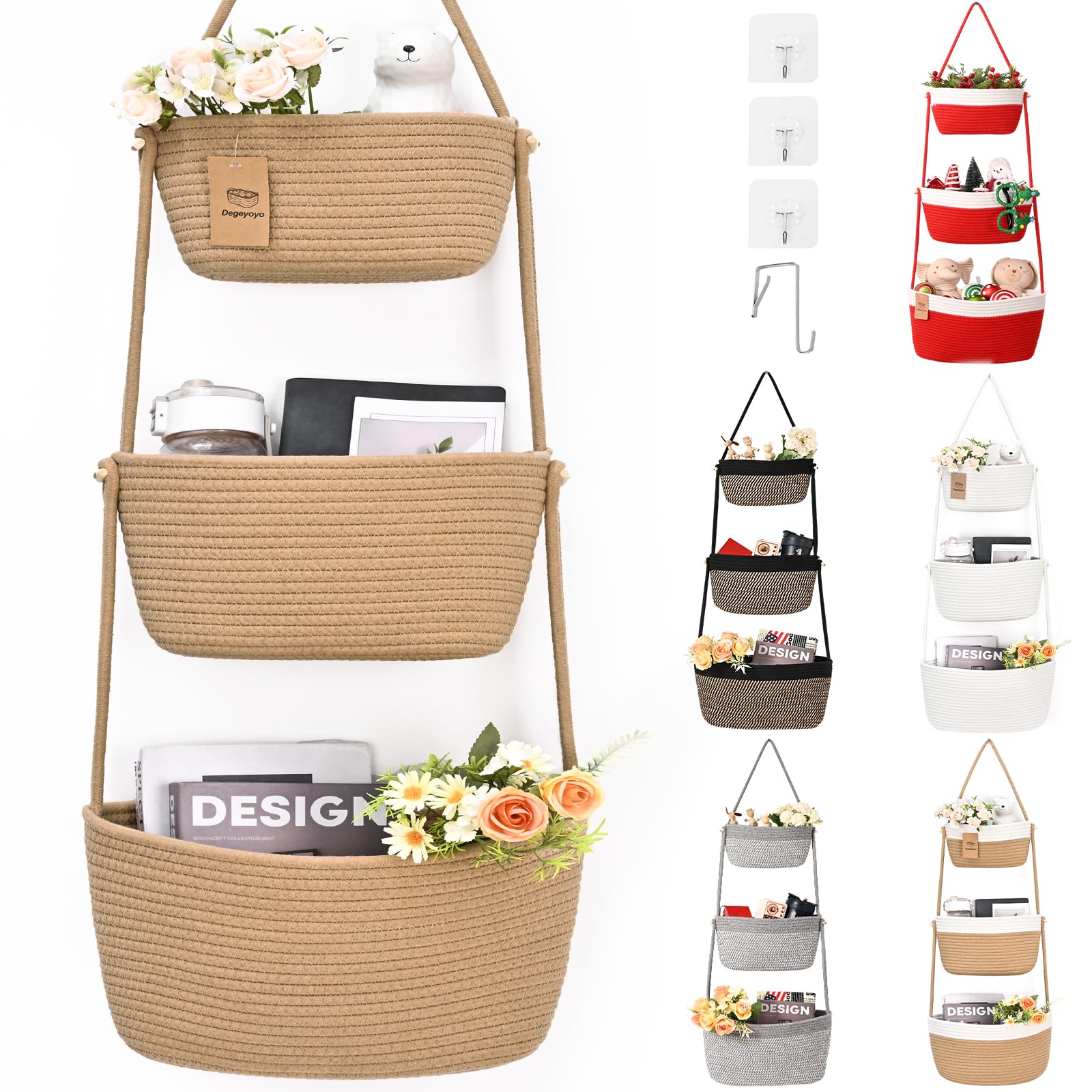 Photo 1 of 1pc Hanging Storage Baskets, 3-Tier Over the Door Basket, Cotton Wall Baskets Storage, Detachable Hanging Door Basket with 4 Hooks, Over the Door Organizer Nursery for Bedroom, Living Room, Bathroom Wall
