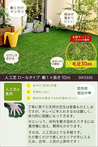Amazon 人工芝 人工芝ロール 芝丈 30ｍ 水抜き穴付き リアル 幅1 長さ10m 人工芝