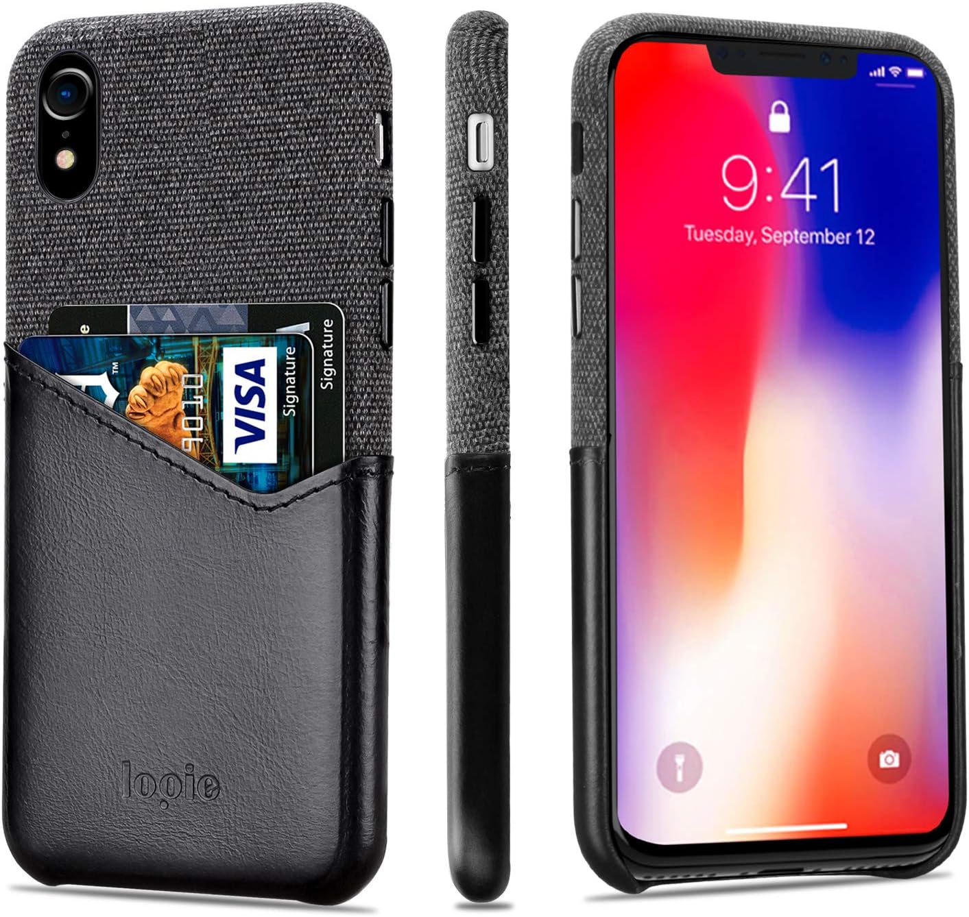 Lopie [Sea Island Cotton Series Fabric Case Compatible for iPhone Xs 2018, Slim Fit Hard Case Wallet Cover with Genuine Leather Credit Card Holder Slot Design [Supports Wireless Charging] - Black