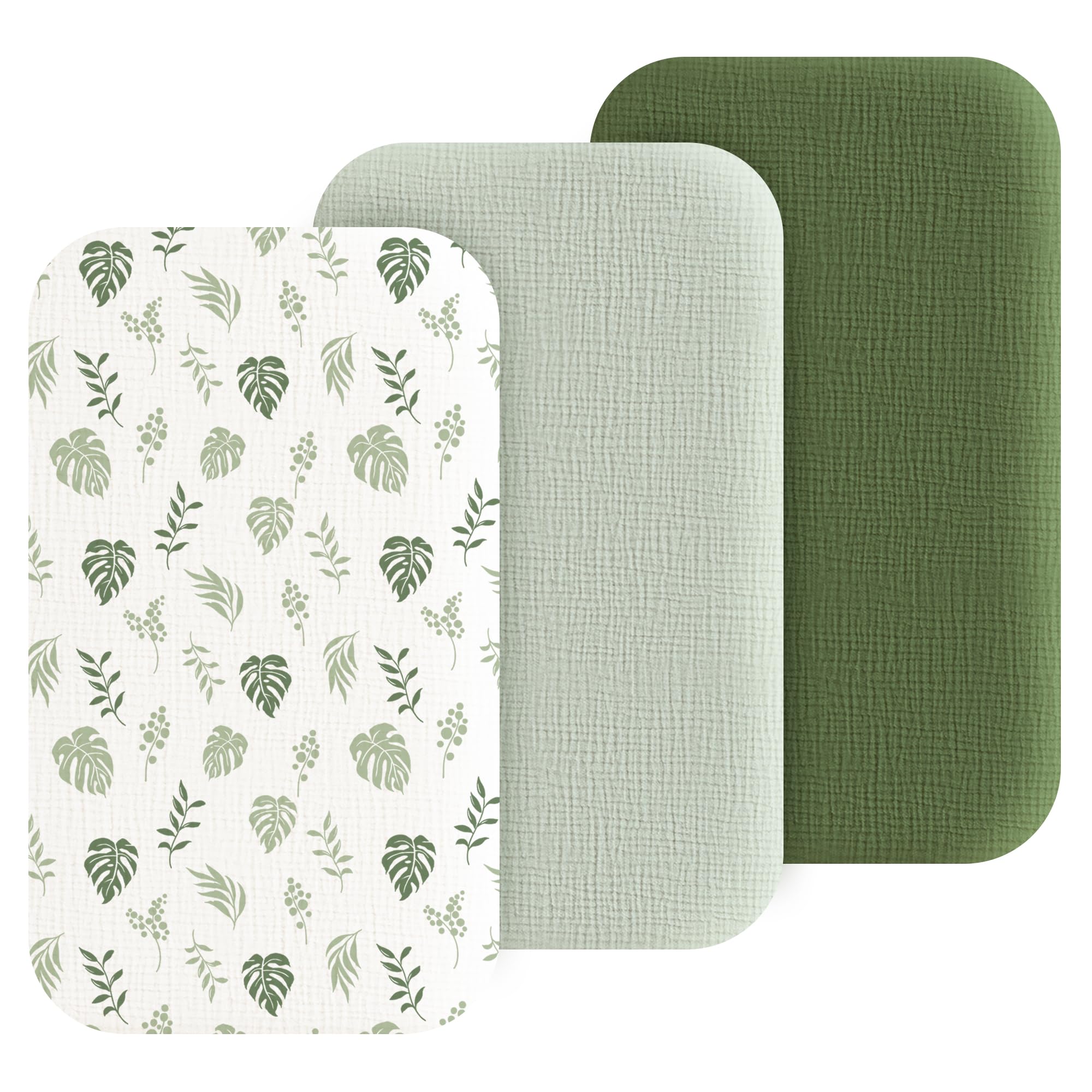 Photo 1 of Coreeky Muslin Bedside Sleeper Bassinet Fitted Sheets, 3 Pack Cotton Baby Sheet for Boys & Girls, Soft, Compatible with Baby Delight, Dream On Me, AMKE and Other Rectangle Mattress (Leaf Green)