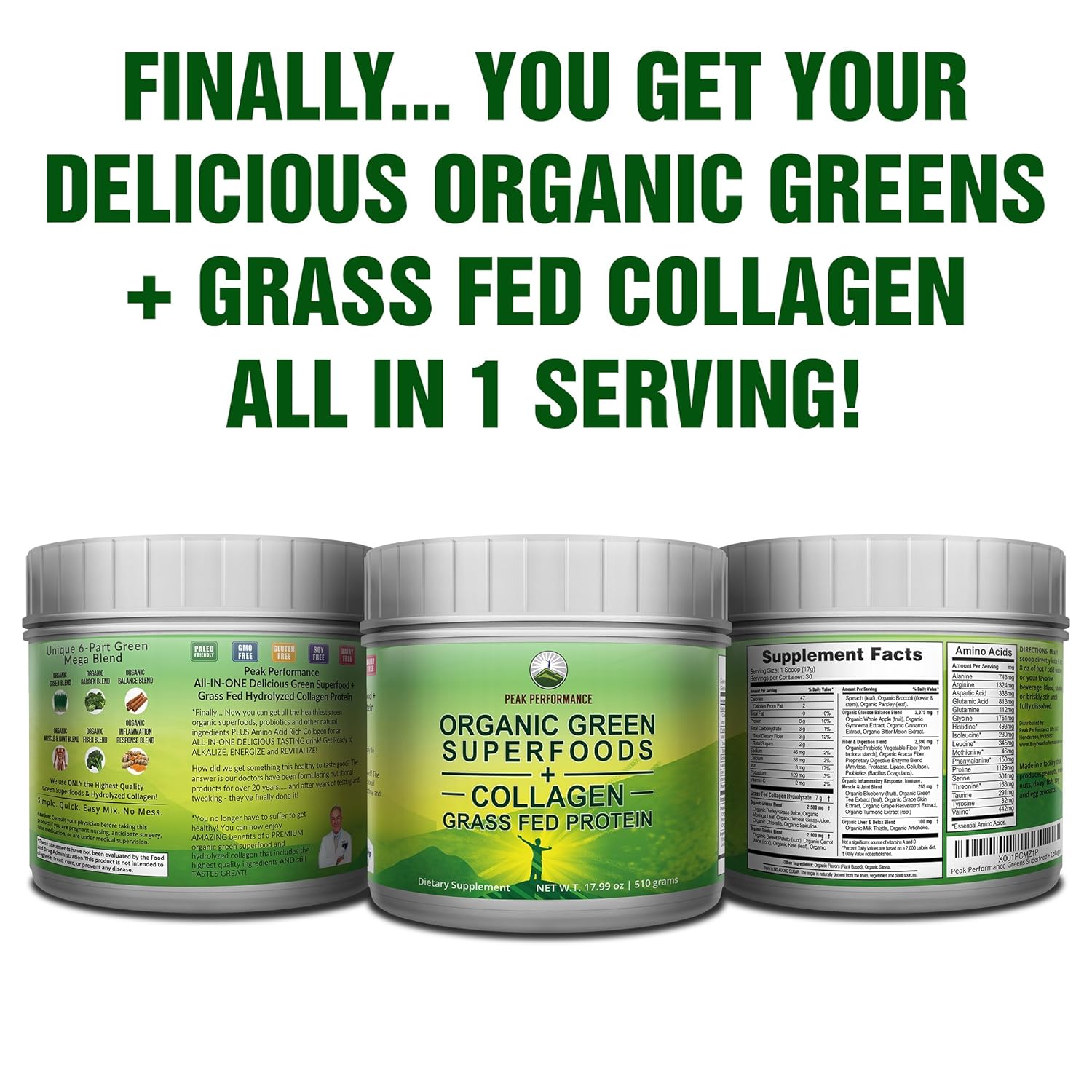 Peak Performance Organic Greens Superfood + Grass Fed Collagen