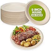 W&Y 100 Pack 9 Inch Paper Plates, Heavy-Duty Dinner Plates, Cut Resistant & 100% Compostable Disposable Paper Plate,Leak Proof & Microwave Safe for Parties, Weddings, Catering Events