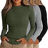 Riyiper 3 Pack Women's Ribbed Shirts, Mock Turtleneck Long Sleeve Tops Slim Fitted Undershirts Casual Basic Layering Tees