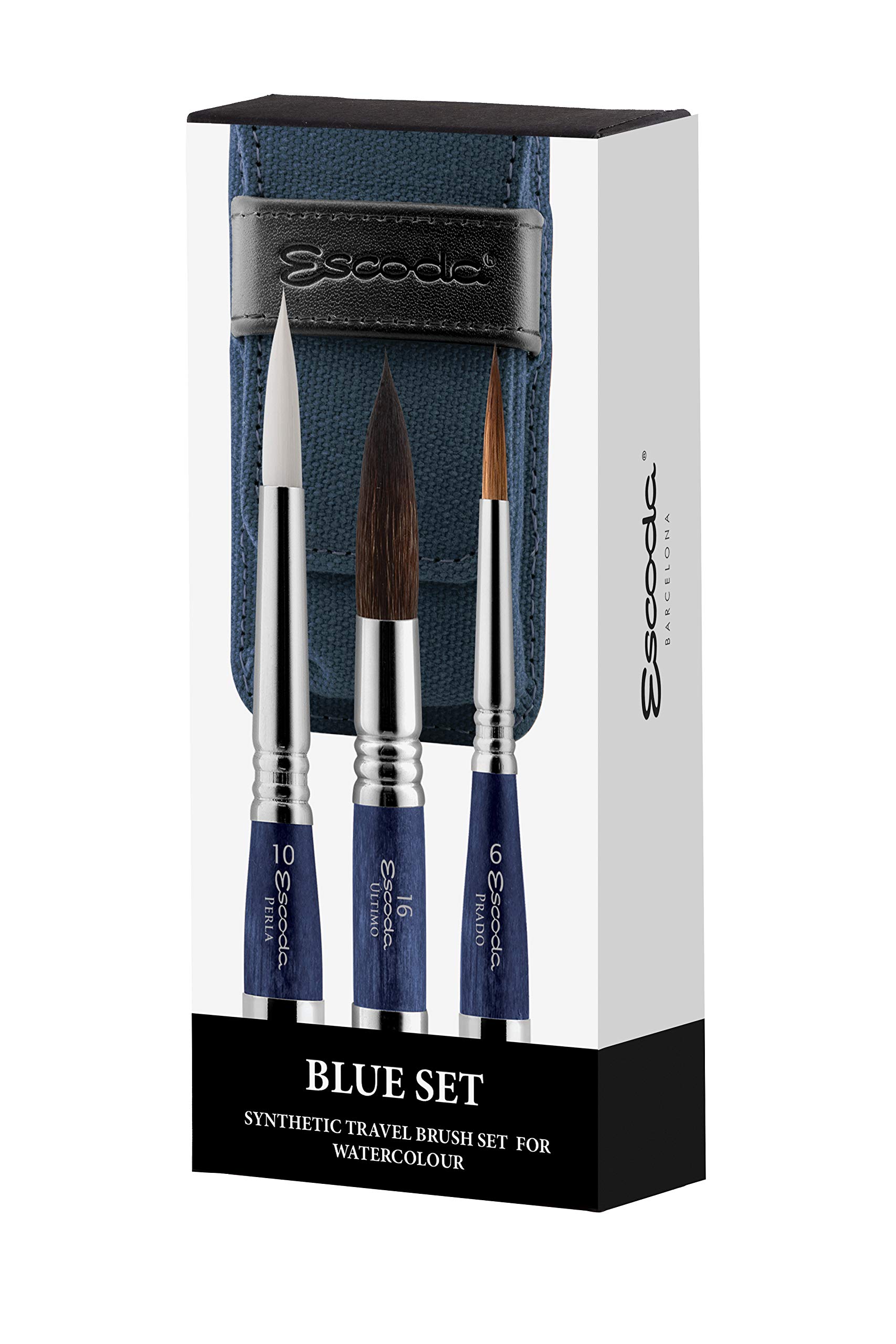 ESCODA Set 3 Watercolor Brushes - Blue Travel Set N.6,10,16 Round Pointed Synthetic Hair Prado Perla Ultimo Series Canvas Case Professional Handmade in Barcelona.