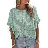 Saodimallsu Womens Crochet Tops Summer Batwing Short Sleeve Oversized Sweater Boat Neck Mesh Knit Beach Cover Up Top