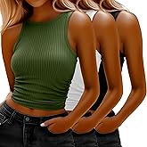 Neer 3 Pack Women's Sleeveless Crop Tank Tops, Ribbed High Neck Slim Fit Tee Summer Side Ruched Yoga Workout Camis Shirts