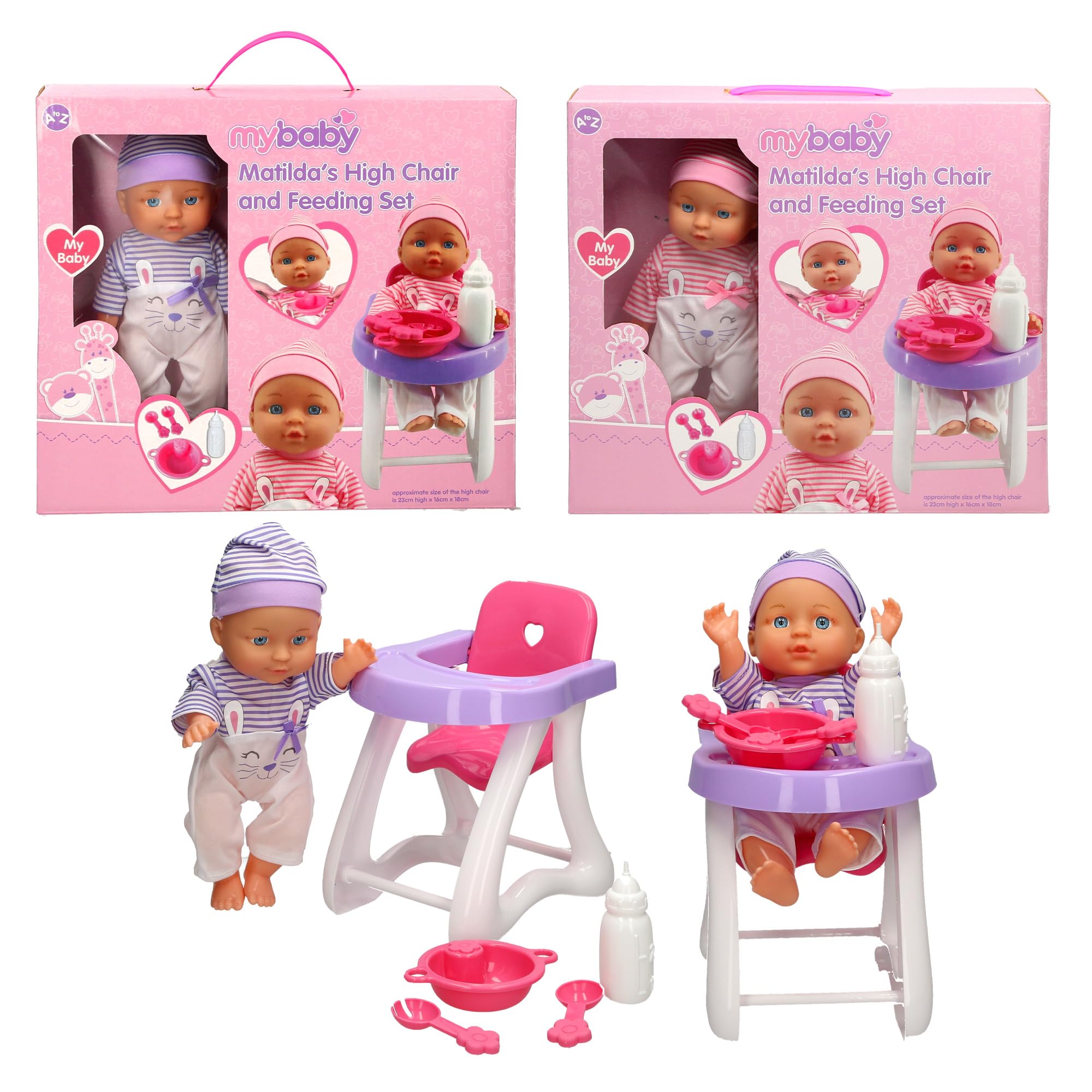 Teach Time MyBaby Matilda's High Chair and Feeding Set, Baby Doll with Striped Outfit, 23cm Chair with Accessories, Pink and Purple