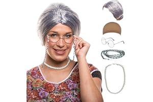 GenmeiFBH Gray Bun Grandma Wig, Old Lady Wig Set with Wig Cap, Glasses, Glasses Chain and Pearl Necklace, 5 Piece Set, Perfect for School Costume