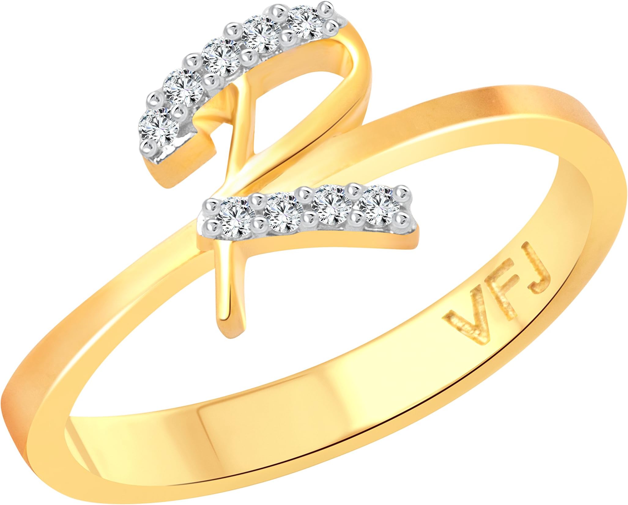 Vighnaharta Initial ''R'' Letter (CZ) Gold and Rhodium Plated Alloy Ring for Women and Girls - [VFJ1190FRG]