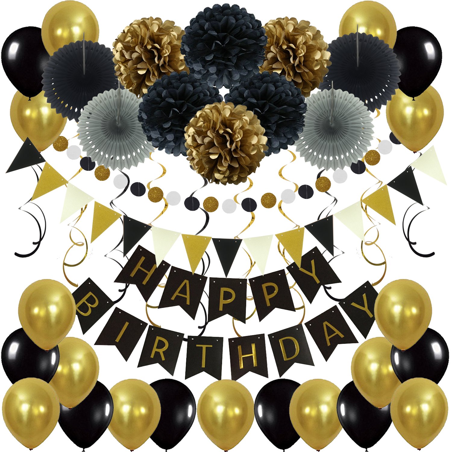 ZERODECO Birthday Party Decoration, Happy Birthday Banner Bunting with 4 Paper Fans Tissue 6 Paper Pom Poms Flower 10 Hanging Swirl and 20 Balloon for Birthday Party Decorations - Black and Gold