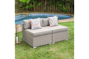 COSIEST 2-Piece Outdoor Furniture Add-on Armless Chairs for Expanding Wicker Sectional Sofa Set w Warm Gray Thick Cushions, 2 Floral Fantasy Pillows for Garden, Pool, Backyard