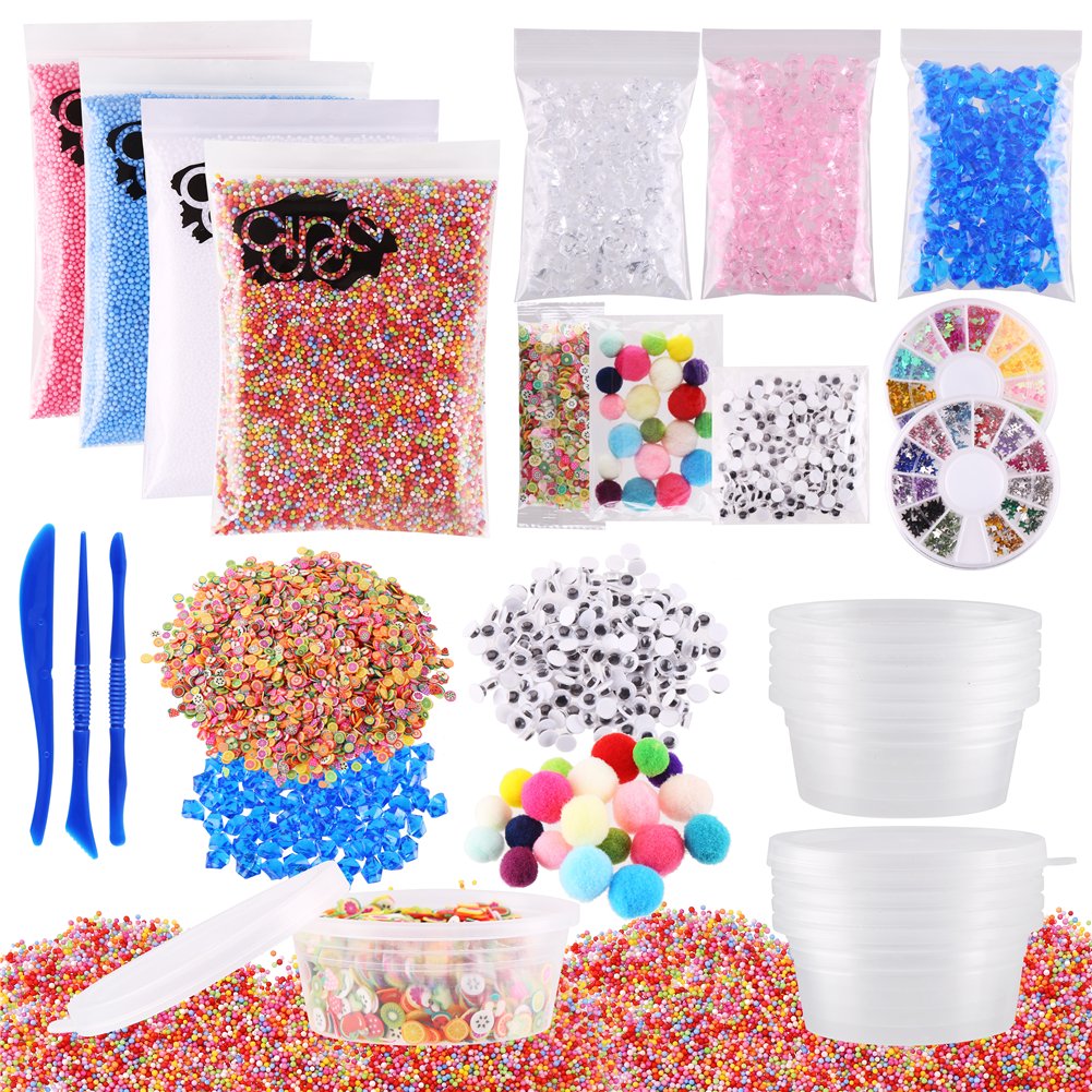 CCINEE 33 Pack Slime Making Kits Including Foam Beads, Acrylic Rocks, Fruit Slices, Slime Tools, Slime Storage Containers, Metallic Confetti, Wiggle Eyes and Pom Poms for Slime Making DIY Crafts