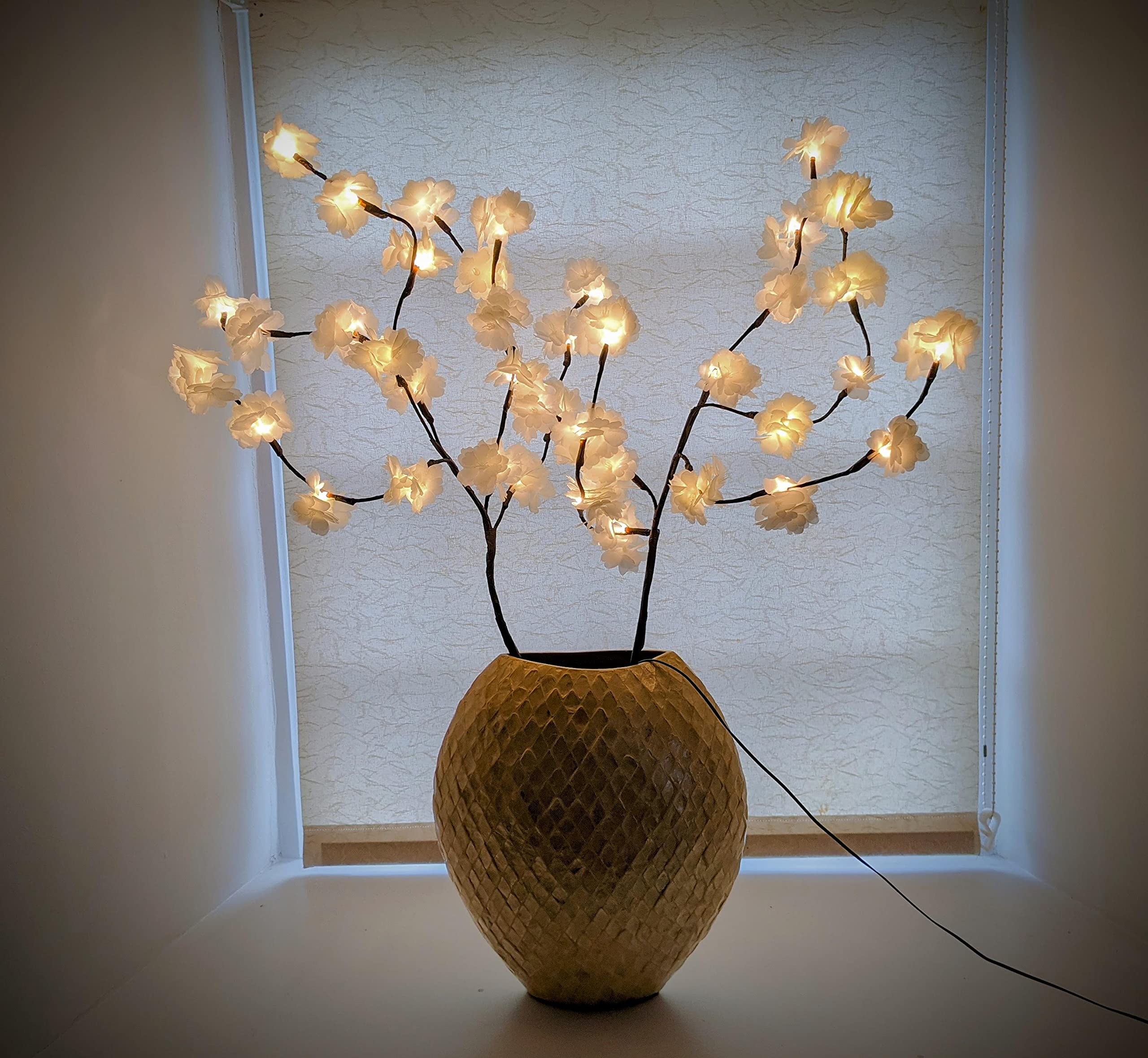 White Blossom Twig Branch Light, Warm LED Decorative Lights with Plug-in Power Adaptor