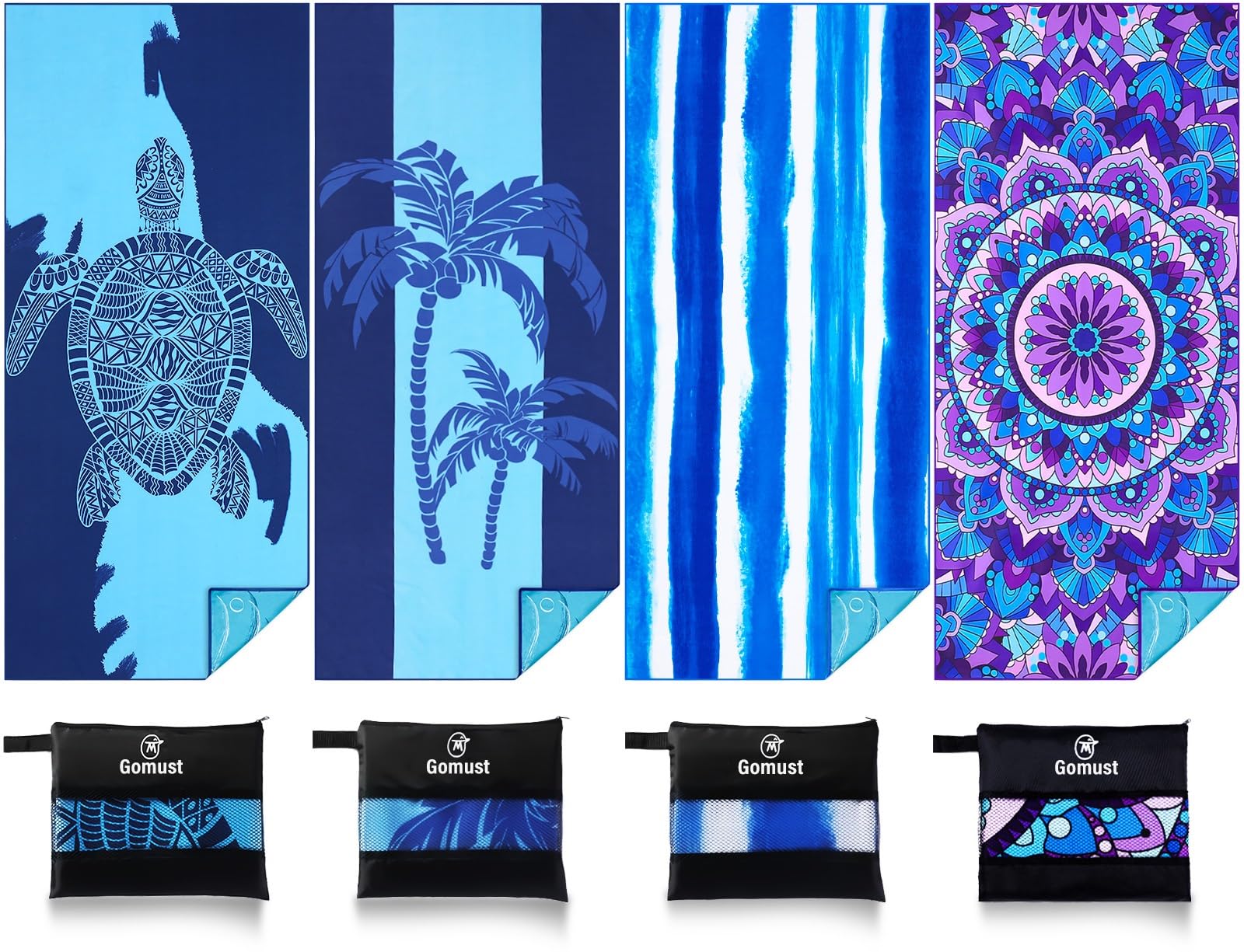 Photo 1 of 4 Pack Lightweight Thin Beach Towel Oversized 71"x32" Big Extra Large Microfiber Sand Free Towels for Adult Quick Dry Travel Camping Beach Accessories Gift Coconut Tree Sea Turtle Stripe Mandala