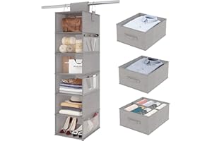 Fixwal 6-Shelf Hanging Closet Organizer Foldable Hanging Shelves for Closet with 3 Removable Drawers for Wardrobe Clothes and Accessories Storage College Dorm Kids Room Essential