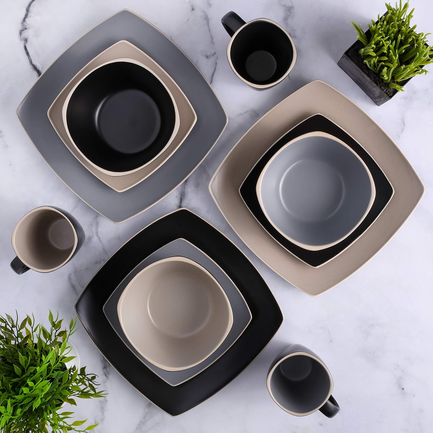  | Gibson Elite Soho Lounge Square Dinnerware Set, Service for Four (16pcs), Matte Black: Dinnerware Sets