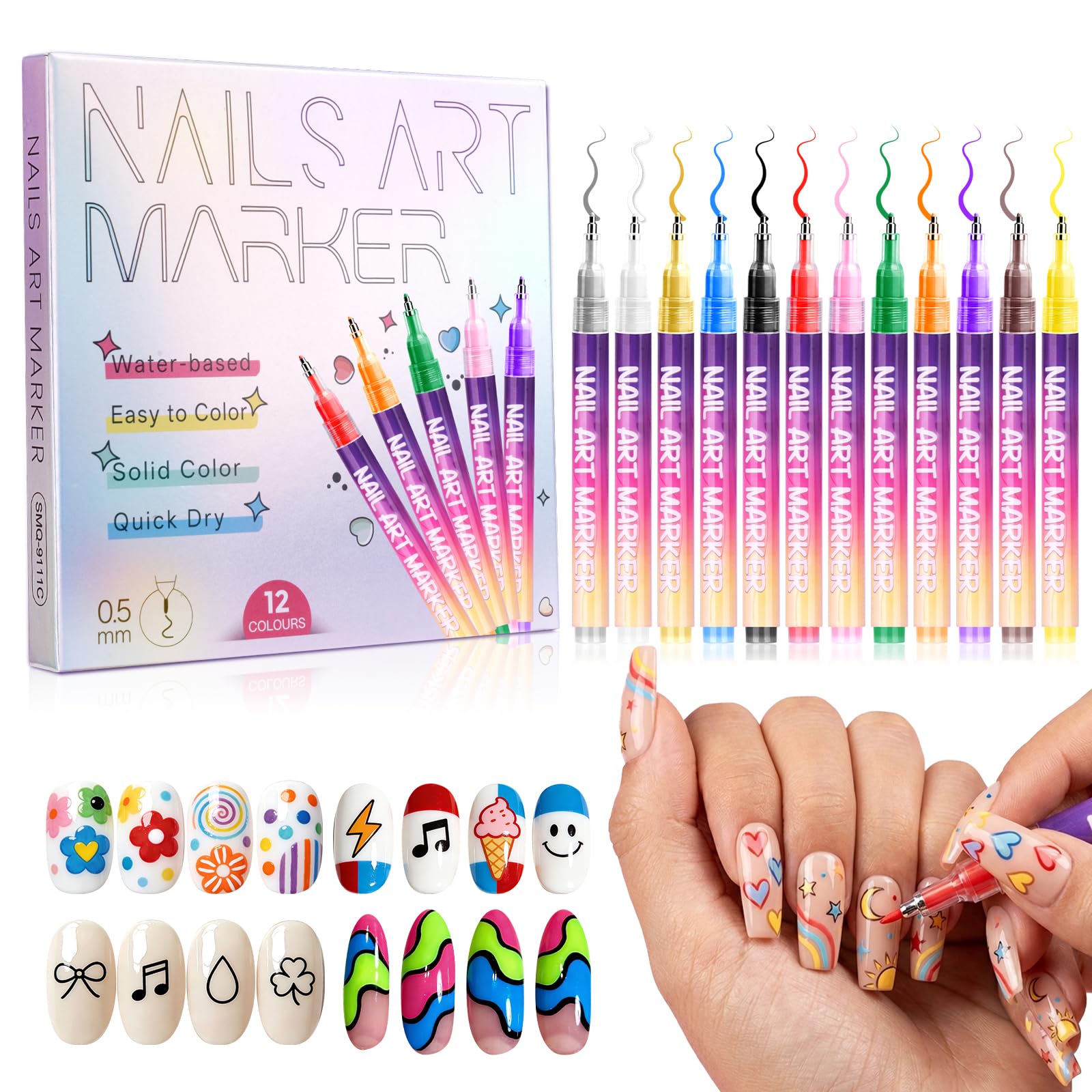 Photo 1 of 12 Colors Nail Art Pens Set & Nail Art Markers for 3D Nails Painting kit & Liner Brush Detail, Quick Diy Waterproof Manicure Supplies