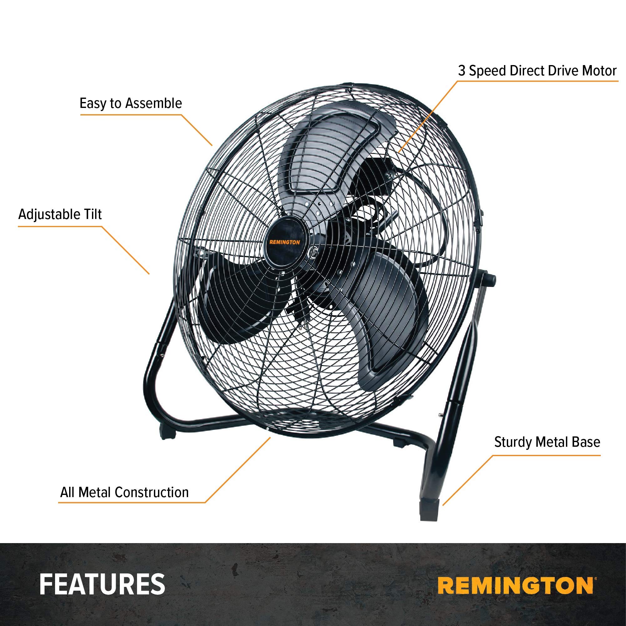 Remington High Velocity Floor Fan, 3 Speed Portable Cooling Unit - Heavy Duty Metal Airflow for Large Shops, Garages, and Warehouses, 20 Inch, Black