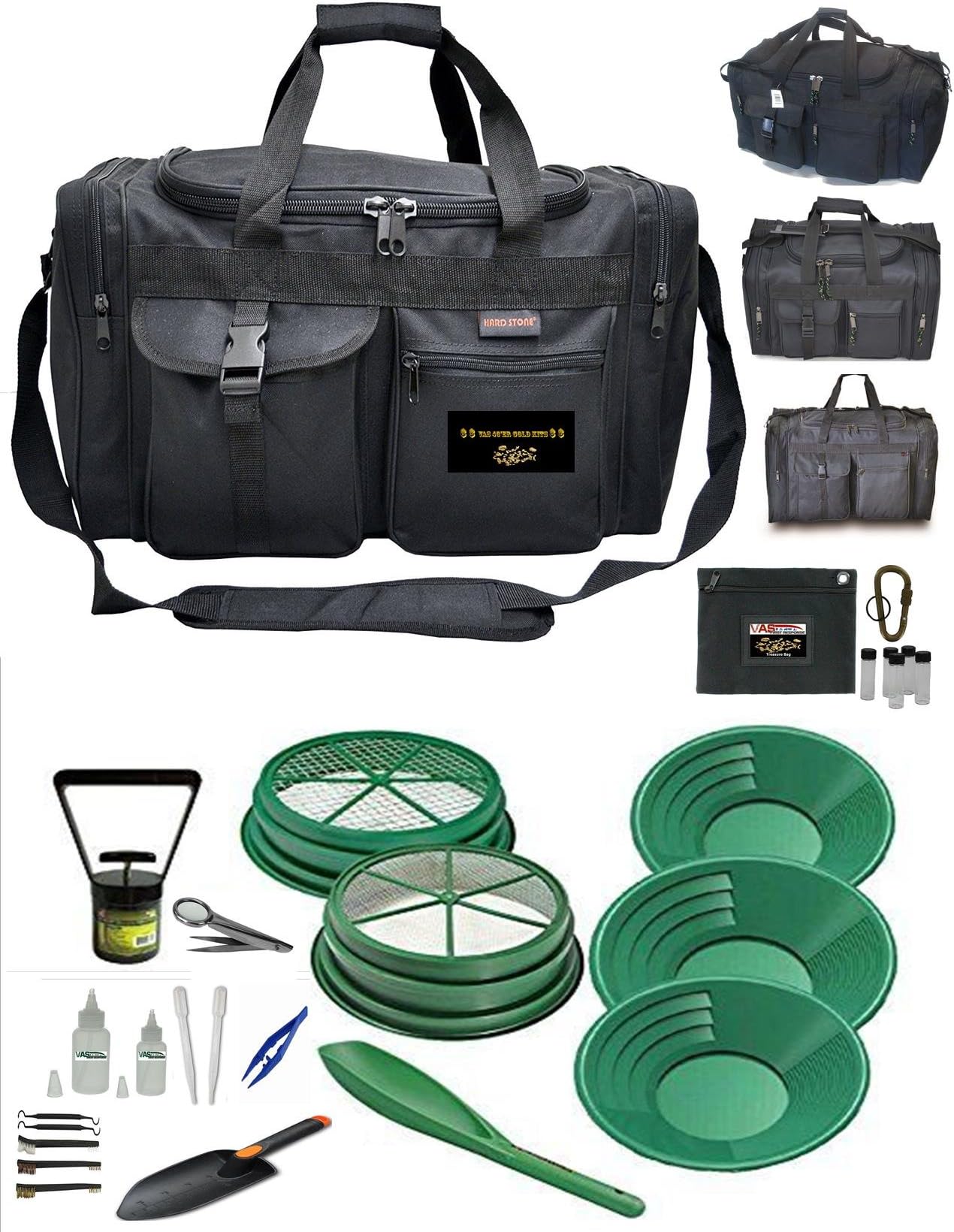 VAS Ultimate 25 pc Grab N Go Gold Panning 24โ Weekend Adventure Bag | 3 Gold Pans 14โ 10โ 8โ | 2 Sifters ยฝโ, 1/8โ | Essentials Kit | Scoop & Trowel |8lb Separator | 14โ Gloves |Treasure Bag & Vials