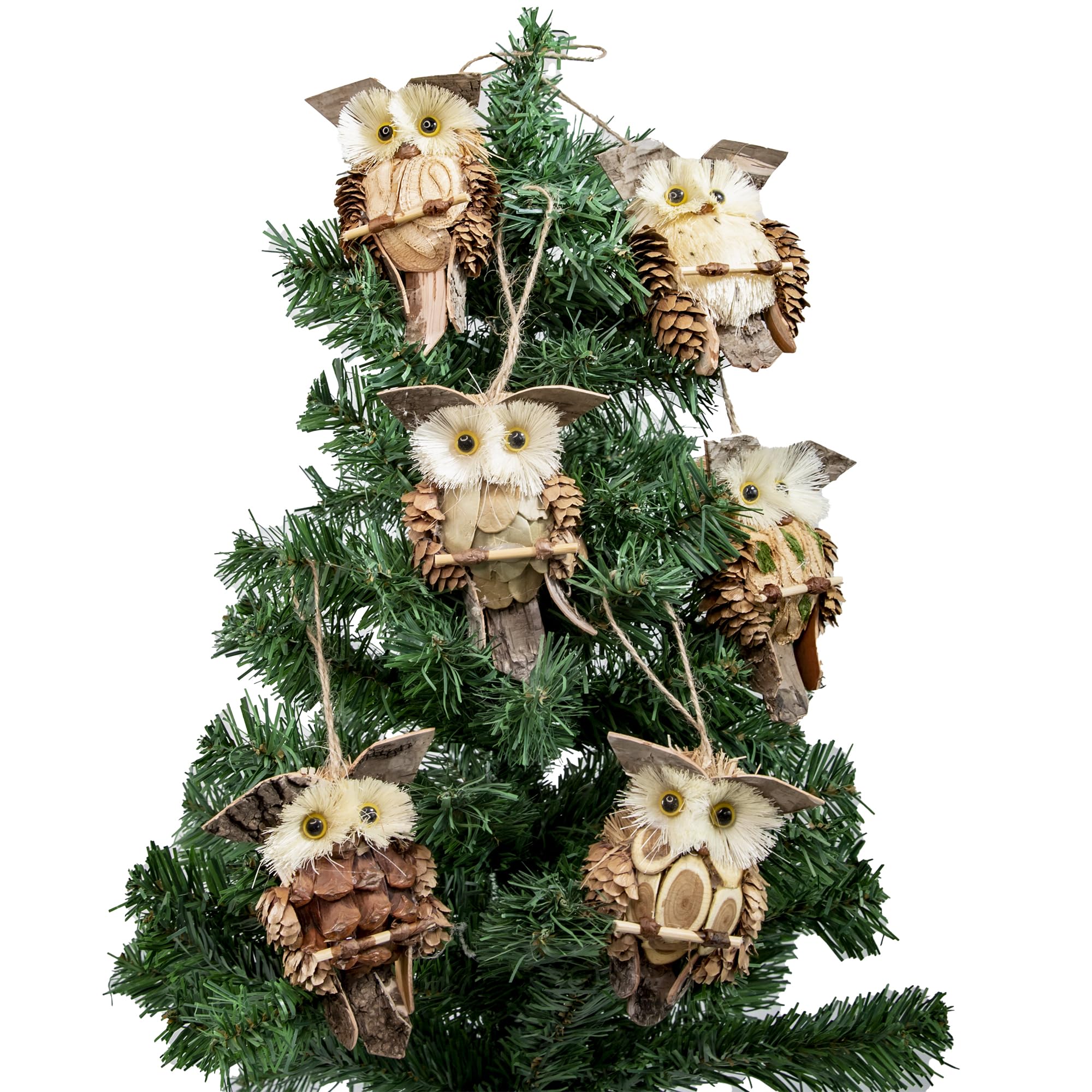 YCHTEWY-Owl Ornaments for Christmas Tree, Wood and Sisal, Set of 6 Assorted, Woodland Animals