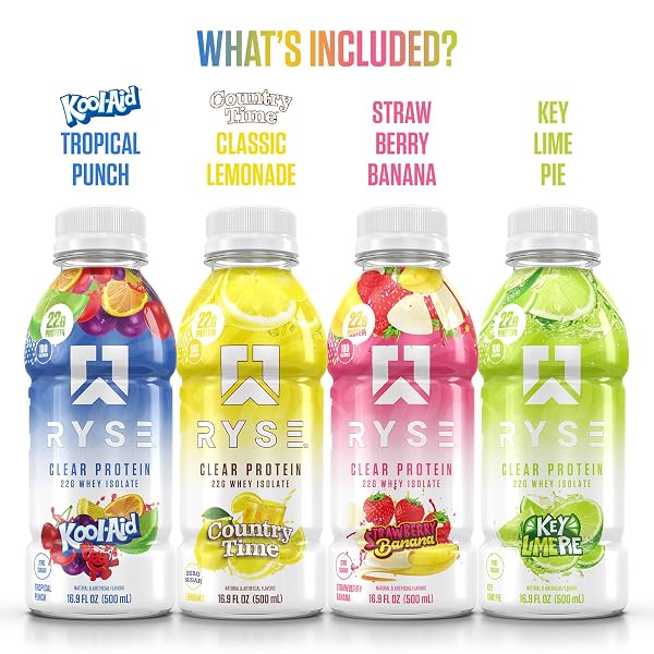 RYSE CLEAR PROTEIN DRINK – VARIETY PACK – 100 CALORIES, 22G WHEY ISOLATE PROTEIN SHAKE, SUGAR-FREE, 0G FAT & LACTOSE-FREE – REFRESHING READY-TO-DRINK BEVERAGE – 16.9 FL OZ BOTTLES (12-PACK)