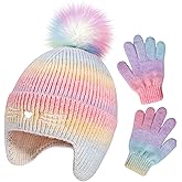 Cat Face Earflap Beanie and Gloves Set for Girls Rainbow Pom Knit Hats Winter Outdoor Snow Ski Caps Age 2-10