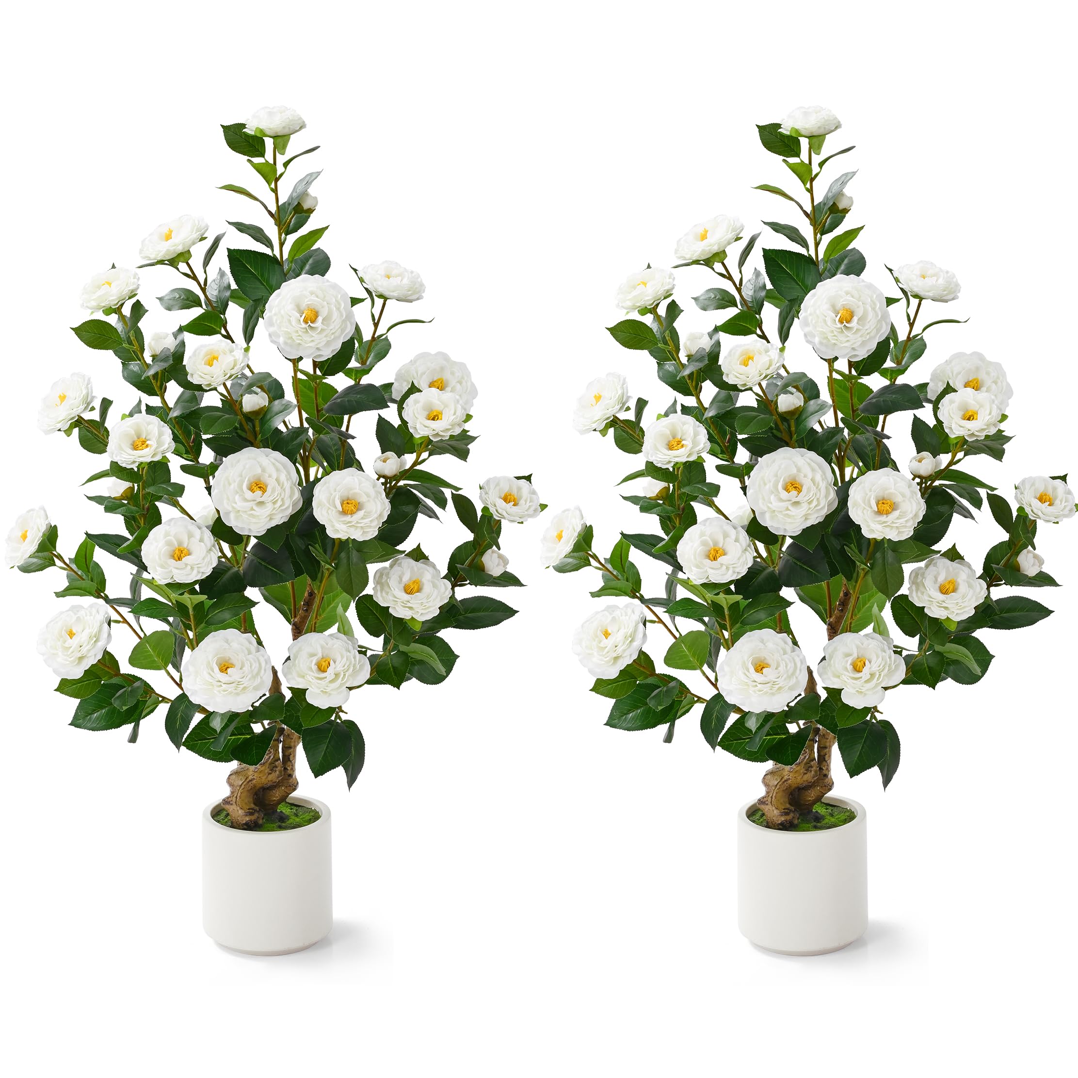 Photo 1 of 2 Pcs Artificial Camellia Tree, 38" Artificial Tree Plants Outdoor Faux Plants in Pot, Artificial Flower for Outdoors Front Porch Decor, Greenery Faux Fake Tree Plant for Indoor Outdoor Home Decor