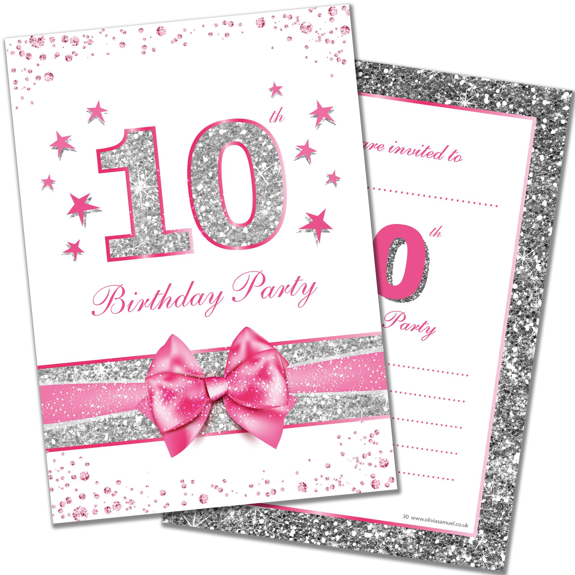 Olivia Samuel 20 x 10th Birthday Party Invitations from Pink Sparkly Design and Photo Effect Silver Glitter - A6 Postcard Size with envelopes
