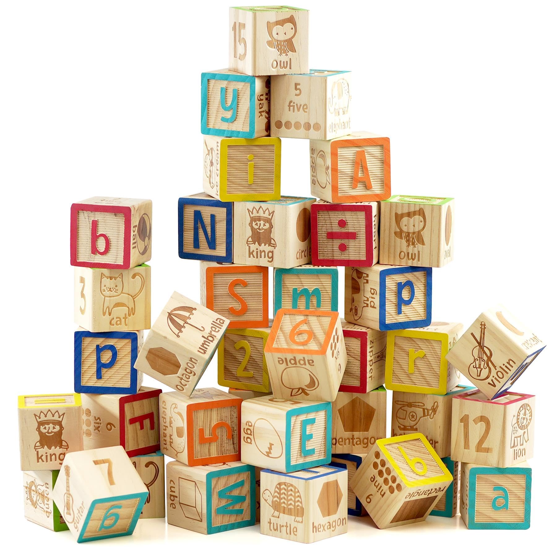 The Magic Toy Shop Wooden ABC Blocks & Number Block Set 40 Pcs - Early Learning Educational Toys, Alphabet Letters, Shapes, Animals, Storage Bag - Great for Toddler Stacking Games, 18 Months+