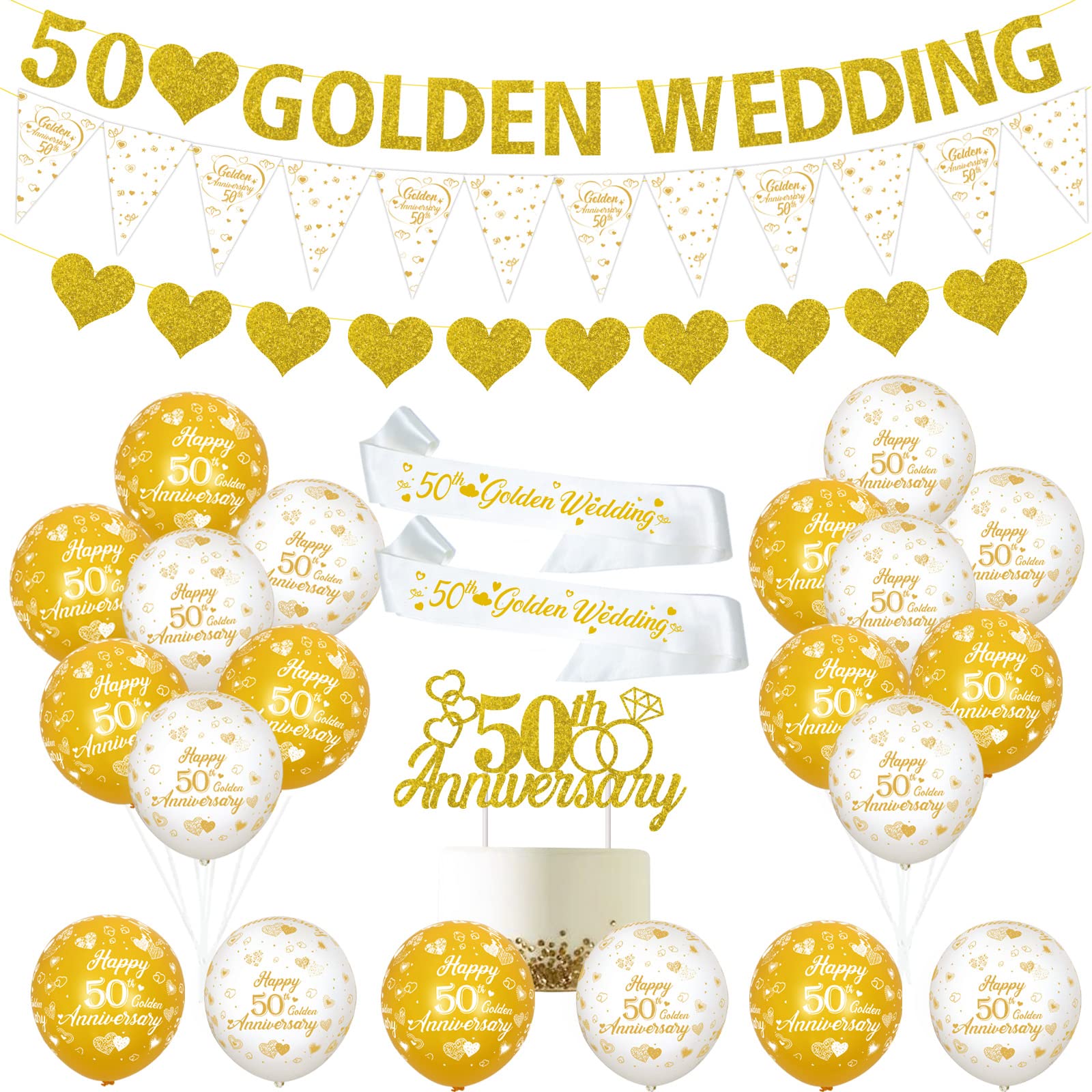 JOYMEMO Golden 50th Anniversary Decorations - Balloons, Banner, Heart Rings, Cake Topper, Satin Sash for Couple's Party Supplies