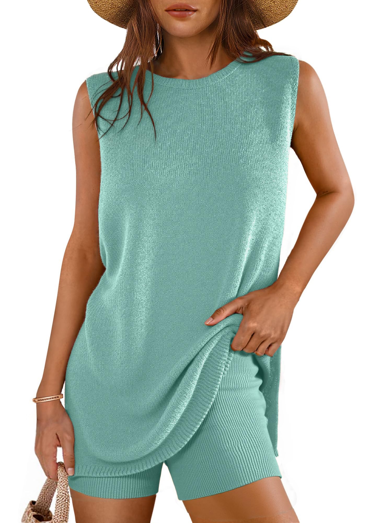 Photo 1 of ** TOP ONLY ** Glamaker Women's 2 Piece Short Sets Summer Casual Sleeveless Ribbed Knit Two Piece Sets Beach Outfits (Teal S)