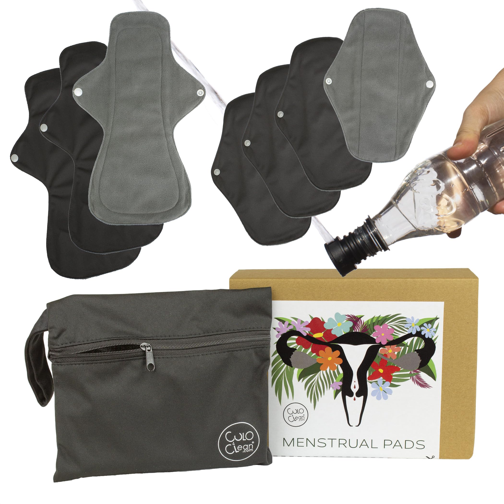 CuloClean Reusable Sanitary Pads. Bamboo Charcoal Menstrual Towels for Women. Includes Wet Bag and Portable Bidet. (4 Medium + 3 Large, 7, Count)