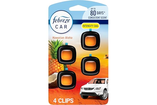 Febreze Car Air Freshener, Odor-Fighting Automotive Vent Clip, Scented Car Accessories, Long Lasting for Strong Odors, Hawaiian Aloha Scent, 4 Count