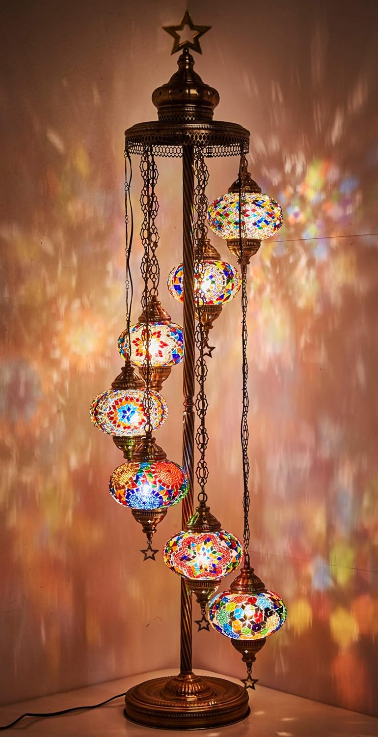 Demmex 7 Big Globes Turkish Moroccan Mosaic Floor Lamp Light Bohemian Boho Tiffany Mosaic Floor Lamp With North American Plug Socket 55
