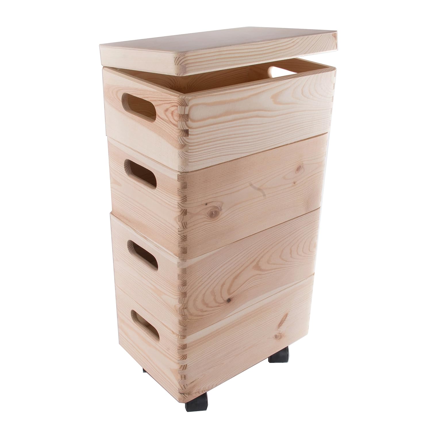 4 Wooden Stackable Storage Crates Boxes With Hinged Lid Handles