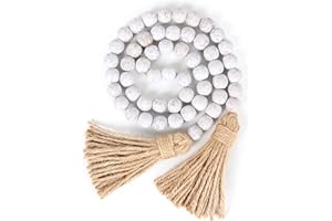 RAMIRABI Wood Bead Garland Farmhouse Beads with Tassels,Farmhouse Tassel Garland Country Wall Hanging Decor Prayer Beads(39 inches)