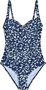 WIN.MAX One Piece Swimming Costume Tummy Control Ruched Padded Navy Bird UK18 view 5