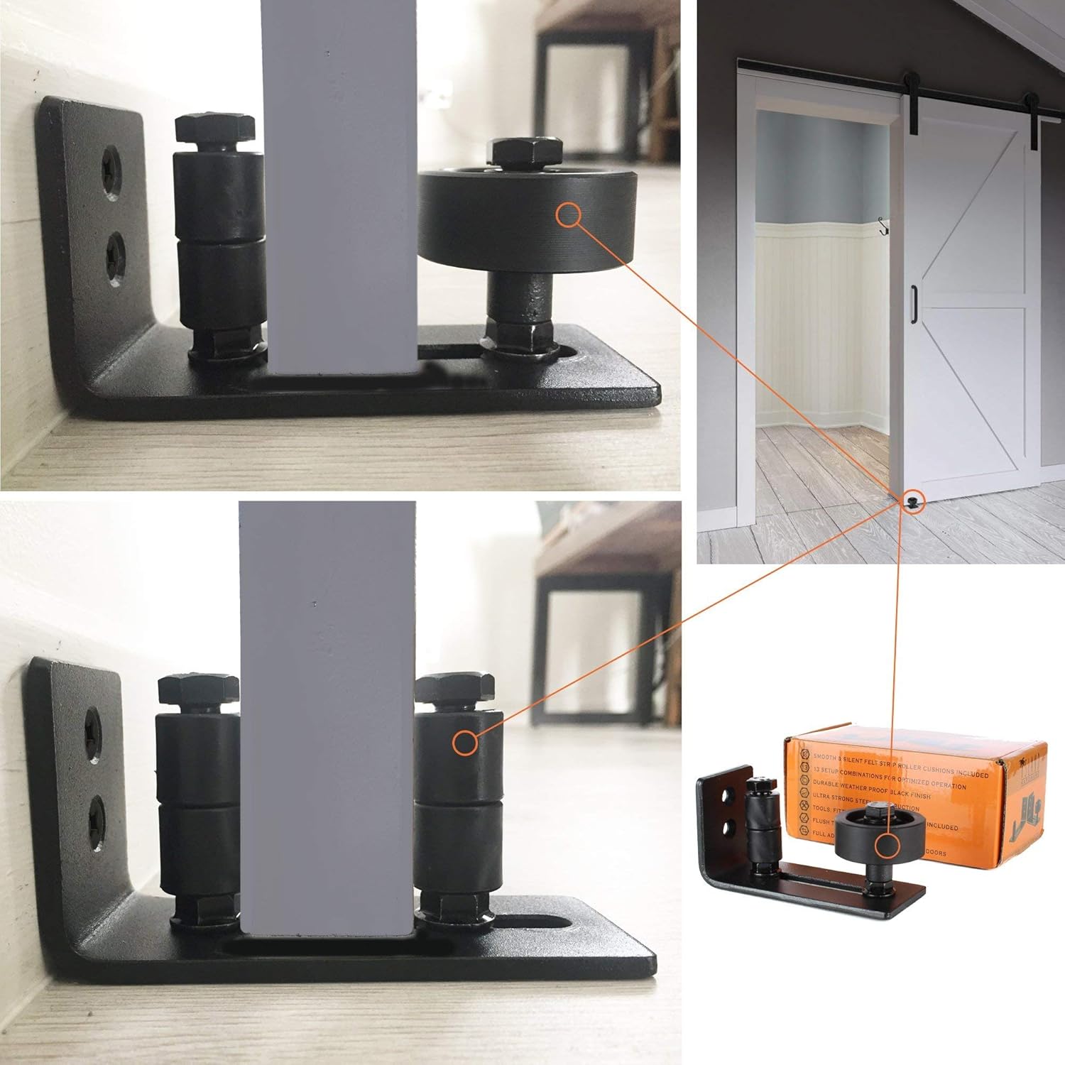 Premium Black Finish 13 Different Setups Adjustable Bottom Sliding Channel Stay Roller Guides By Island Hardware Wall Mounted Flush To Floor Fits All Barn Doors Ultimate Barn Door Floor Guide barn doors ultimate barn door floor guide