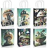 paeyaer 12-Packs Mushroom Gift Bags with Handles - 6 Different Fairy House Kraft Paper Bags - Perfect as Goodie Bags, Birthday Gift Bag, Jungle Party