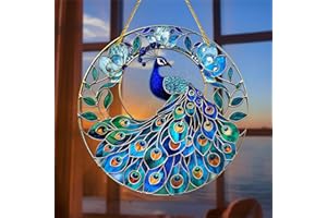 JUNWALL Peacock Acrylic Window Hanging, Blue Peacock Stained Acrylic Window Decor Hanging Ornaments Indoor Outdoor Garden Stained Art Panel Gift for Women Christmas Thanksgiving