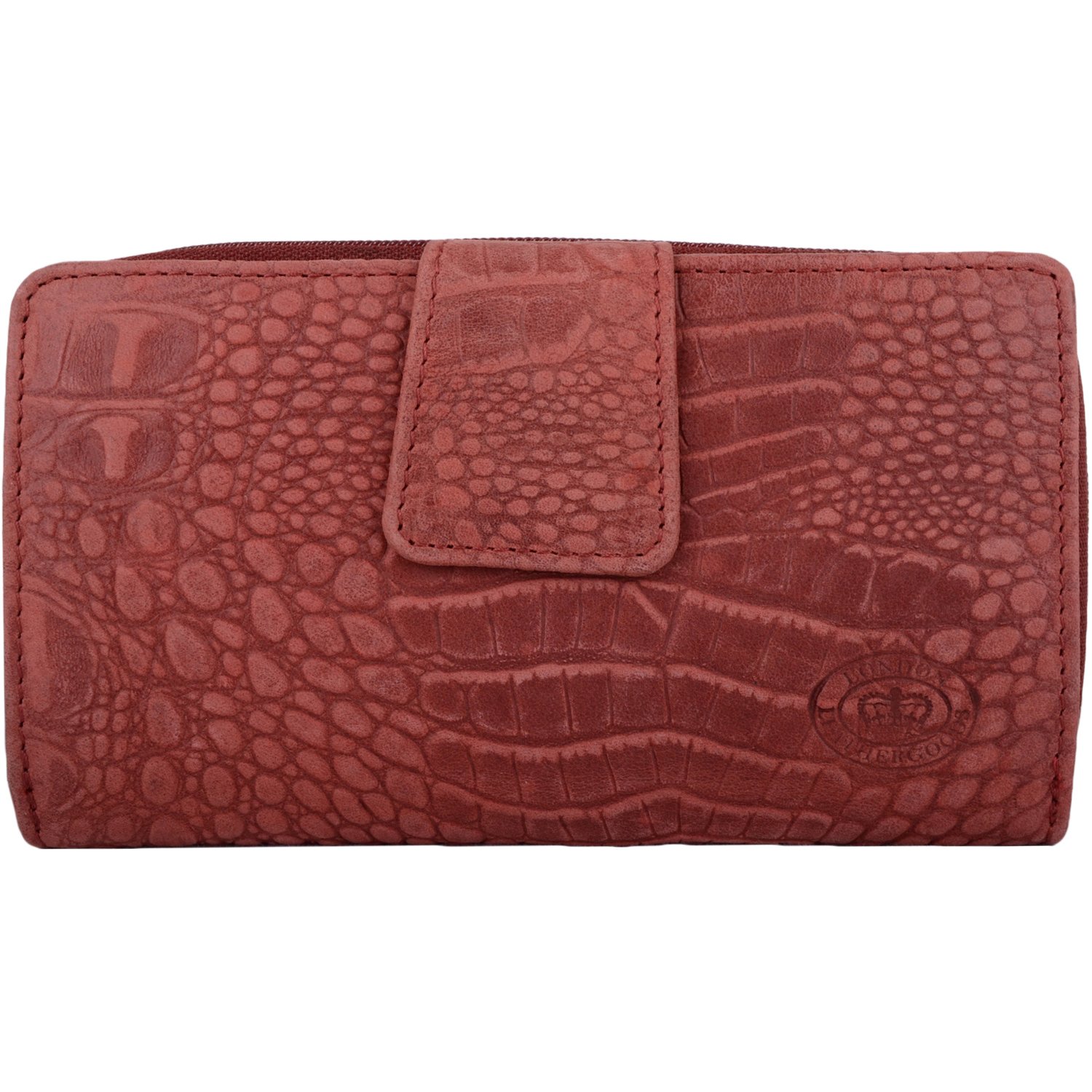 Womens Genuine Leather Bi-Fold RFID Protected Clutch/Matinee Purse with Croc Design - Dark Red
